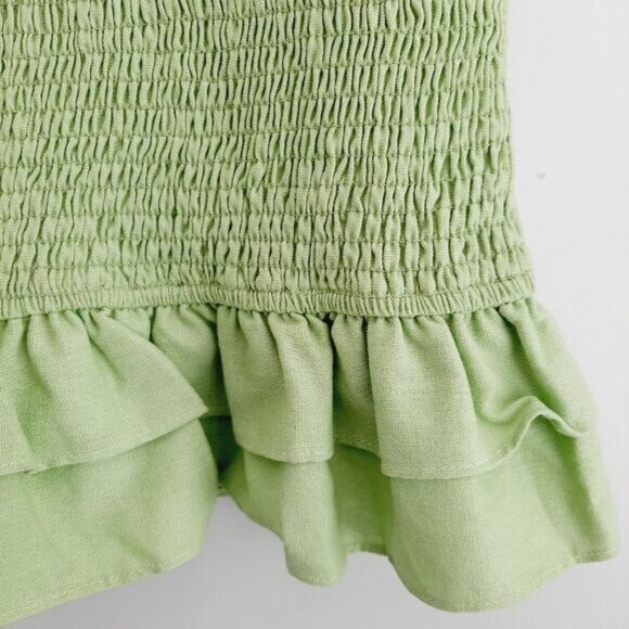 ENGLISH FACTORY / Smocked Ruffle Hem Puff Sleeve Mini Dress Green Sz M - Picture 8 of 14